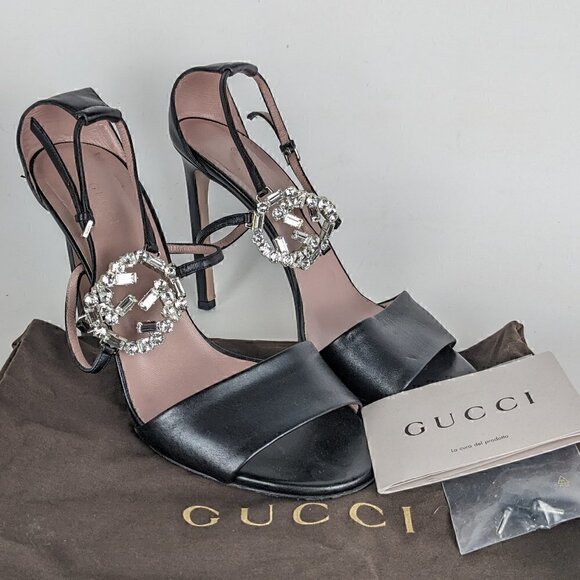 Gucci Crystal GG Black Leather Strappy Sandal Heels US 10 / EU 40 - Picture 7 of 7